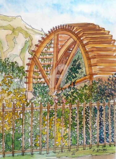 Pintura intitulada "MOULIN A PAPIER" por Alain Faure, Obras de arte originais, Aquarela Montado em Outro painel rígido