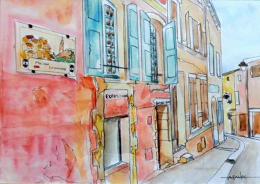 Malerei mit dem Titel "ROUSSILLON (rue Cas…" von Alain Faure, Original-Kunstwerk, Aquarell Auf Andere starre Platte montiert