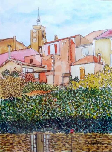Painting titled "ROUSSILLON Centre" by Alain Faure, Original Artwork, Watercolor