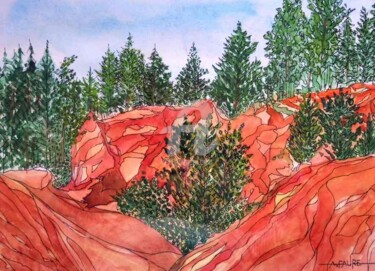 Malerei mit dem Titel "SENTIER DES OCRES" von Alain Faure, Original-Kunstwerk, Aquarell Auf Andere starre Platte montiert