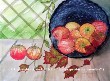 Painting titled "POMMES D'AUTOMNE" by Alain Faure, Original Artwork, Watercolor Mounted on Other rigid panel