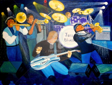 Schilderij getiteld "JAZZ BLUES" door Alain Faure, Origineel Kunstwerk, Acryl Gemonteerd op Frame voor houten brancard
