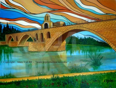 Painting titled "SUR LE PONT D'AVIGN…" by Alain Faure, Original Artwork, Acrylic Mounted on Wood Stretcher frame