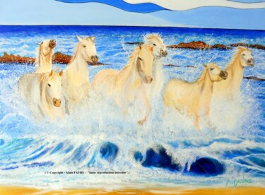 Painting titled "BAIGNADE CAMARGUAISE" by Alain Faure, Original Artwork, Acrylic Mounted on Wood Stretcher frame
