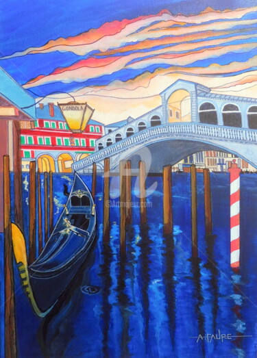 Painting titled "PONT DU RIALTO" by Alain Faure, Original Artwork, Acrylic Mounted on Wood Stretcher frame
