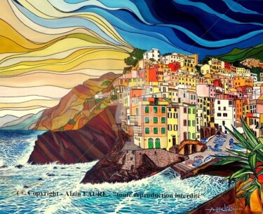 Painting titled "RIOMAGGIORE" by Alain Faure, Original Artwork, Acrylic Mounted on Wood Stretcher frame