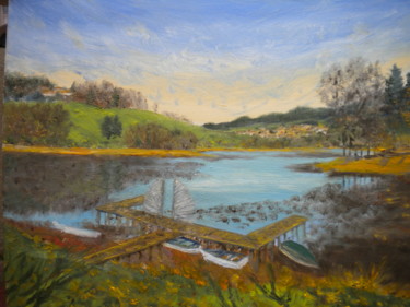 Peinture intitulée "ponton et barques a…" par Alain Fayel, Œuvre d'art originale, Huile