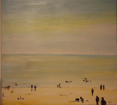Painting titled "plage de carolles" by Alain Coulon, Original Artwork, Oil Mounted on Wood Stretcher frame