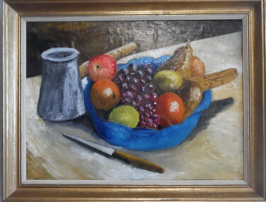 Painting titled "Nature morte aux fr…" by Alain Coulon, Original Artwork, Oil Mounted on Wood Stretcher frame