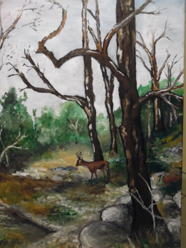 Painting titled "chevreuil en forêt" by Alain Coulon, Original Artwork, Oil Mounted on Wood Stretcher frame