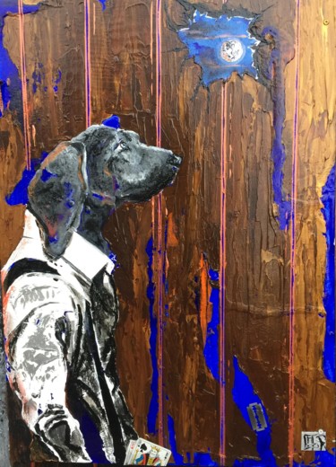 Peinture intitulée "DOG SIDE ON THE MOON" par Alain Granger (A.G.R), Œuvre d'art originale, Acrylique