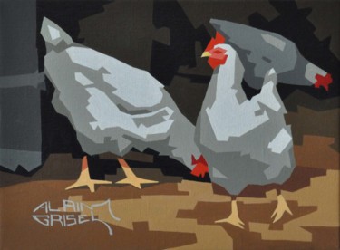 Painting titled "Les poules" by Alain Grisel, Original Artwork, Oil