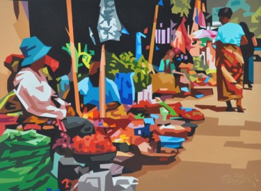 Painting titled "Marché africain" by Alain Grisel, Original Artwork, Oil