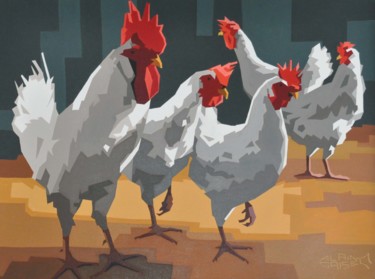 Painting titled "Le coq et ses poules" by Alain Grisel, Original Art, Oil