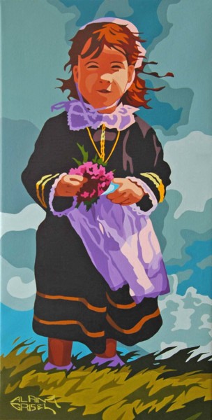 Malerei mit dem Titel "Fillette au bouquet" von Alain Grisel, Original-Kunstwerk, Öl