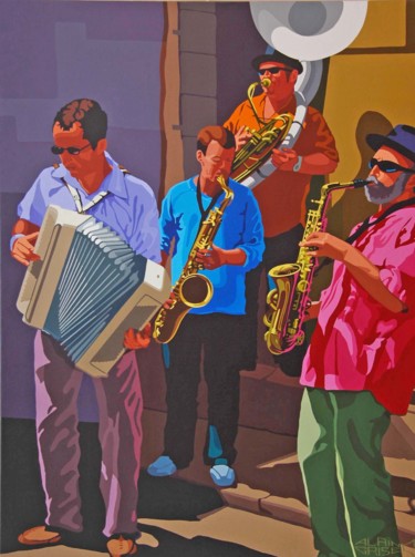 Pittura intitolato "Jazz dans la rue" da Alain Grisel, Opera d'arte originale, Olio