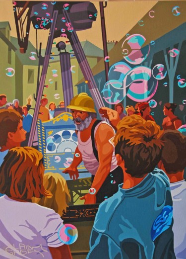 Malerei mit dem Titel "La machine à bulles" von Alain Grisel, Original-Kunstwerk, Öl