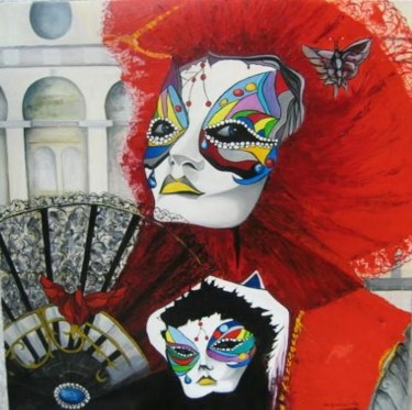 Peinture intitulée "Femme en rouge aux…" par Alain Horlaville, Œuvre d'art originale