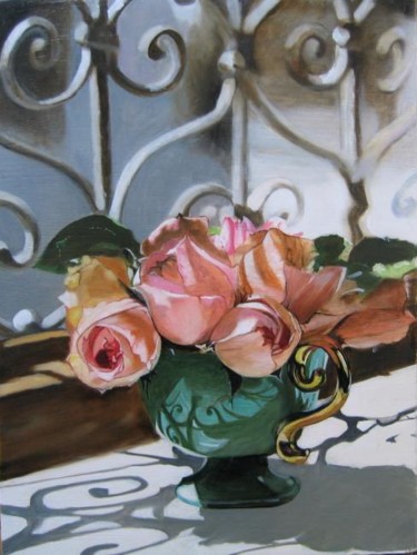 Peinture intitulée "roses au vase vert" par Alain Horlaville, Œuvre d'art originale
