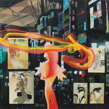 Malarstwo zatytułowany „Japon - Tokyo - Mod…” autorstwa Alainjuno, Oryginalna praca, Olej Zamontowany na Drewniana rama noszy