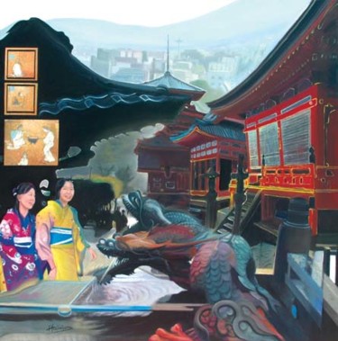 Pittura intitolato "Kyoto, Modernité et…" da Alainjuno, Opera d'arte originale, Olio Montato su Telaio per barella in legno