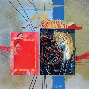 Peinture intitulée "La Ligne rouge" par Alainjuno, Œuvre d'art originale, Huile Monté sur Châssis en bois