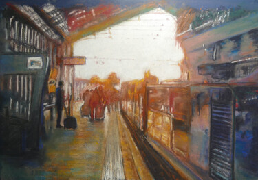 Painting titled "La gare" by Alain Lorkovic, Original Artwork, Pastel