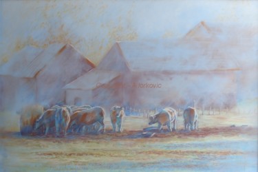 Painting titled "Matin-en-bourgogne.…" by Alain Lorkovic, Original Artwork, Pastel Mounted on Other rigid panel