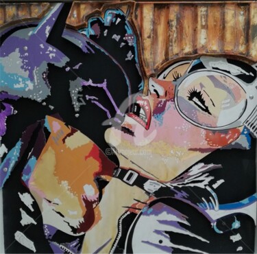 Sculpture titled "FRENCH KISS" by Alain Louiset, Original Artwork, Spray paint Mounted on Wood Panel