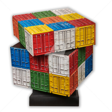 Escultura titulada "Rubik's Cube contai…" por Alain Louiset, Obra de arte original, Metales