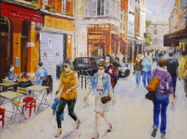 Painting titled "la Rue" by Alain Muller, Original Artwork, Oil Mounted on Wood Stretcher frame