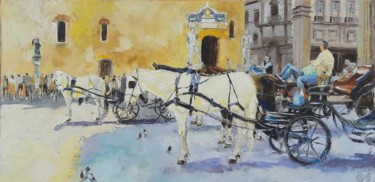 Painting titled "Les chevaux du musée" by Alain Muller, Original Artwork, Oil Mounted on Wood Stretcher frame