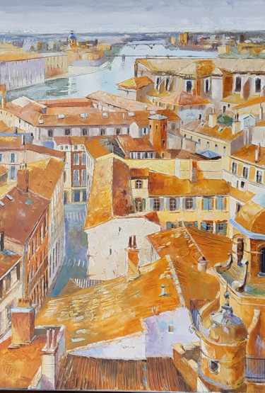 Painting titled "Haut toulouse N°2." by Alain Muller, Original Artwork, Oil Mounted on Wood Stretcher frame