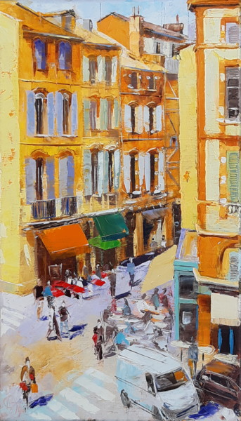 Картина под названием "le café d'en haut" - Alain Muller, Подлинное произведение искусства, Масло Установлен на Деревянная р…