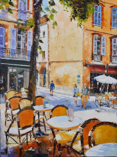 Painting titled "Tables place des Ca…" by Alain Muller, Original Artwork, Oil Mounted on Wood Stretcher frame