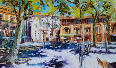 Painting titled "Place Saint Pierre" by Alain Muller, Original Artwork, Oil Mounted on Wood Stretcher frame