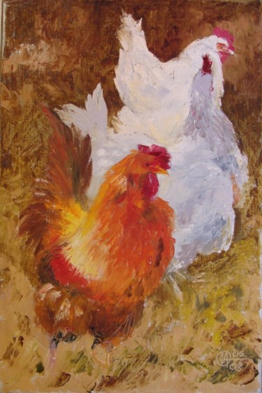 Pintura intitulada "poules" por Alain Muller, Obras de arte originais