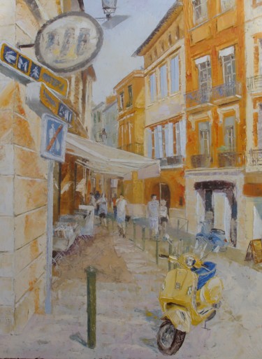 Painting titled "rue n°4" by Alain Muller, Original Artwork, Oil Mounted on Wood Stretcher frame