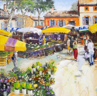 Картина под названием "les parasols jaunes" - Alain Muller, Подлинное произведение искусства, Масло Установлен на Деревянная…
