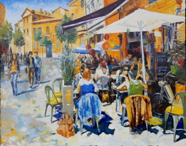 Peinture intitulée "café-des-artistes." par Alain Muller, Œuvre d'art originale, Huile
