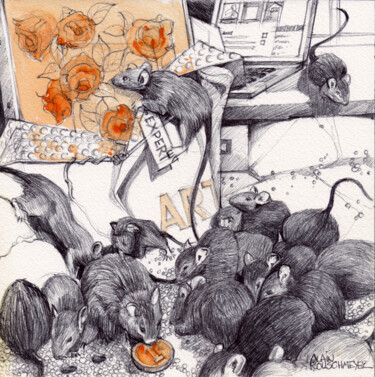 Drawing titled "LA COUR DES RATS -…" by Alain Rouschmeyer, Original Artwork, Ballpoint pen