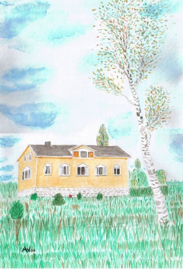 Peinture intitulée "La maison jaune" par Alainv, Œuvre d'art originale
