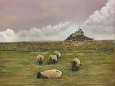 Painting titled "moutons-du-mt-st-mi…" by Alain Vasselin, Original Artwork, Pastel