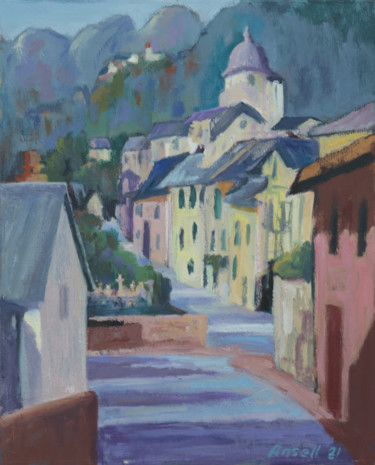 Painting titled "Street in Conques" by Alan Ansell, Original Artwork, Oil