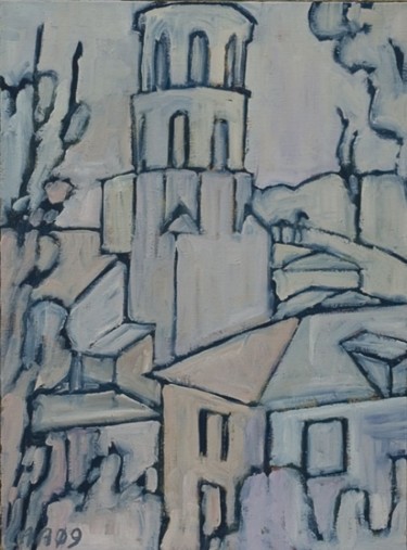 Painting titled "Church at Vieux" by Alan Ansell, Original Artwork, Oil
