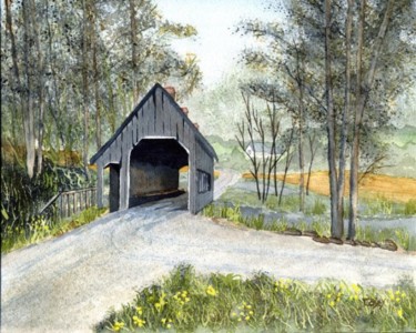 Painting titled "Covered Bridge Cros…" by Alan Casey, Original Artwork, Oil