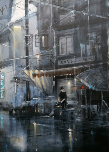 Malerei mit dem Titel "City Life" von Alan Harris, Original-Kunstwerk, Acryl