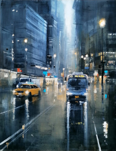 Malerei mit dem Titel "The Late Bus" von Alan Harris, Original-Kunstwerk, Acryl