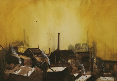 Painting titled "Factory rooftops" by Alan Harris, Original Artwork, Watercolor