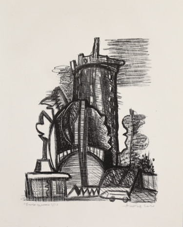 Printmaking titled "Tower. Audenge" by Aleksandr Laptev, Original Artwork, Lithography